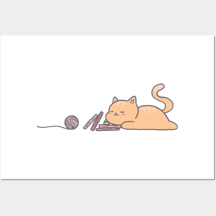 Sleepy Study Orange Cat With a Ball of Yarn Posters and Art